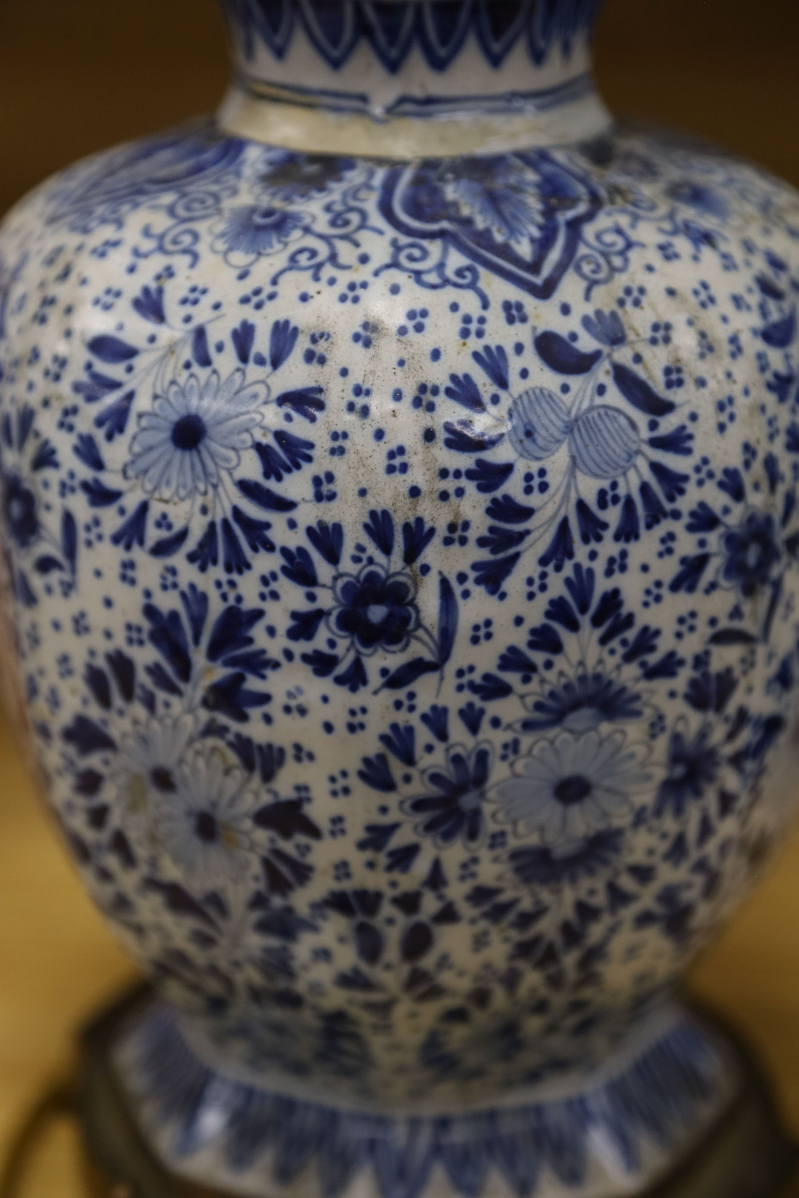 An 18th/19th century Delft blue and white octagonal double gourd vase, mounted as a lamp 50 cm
